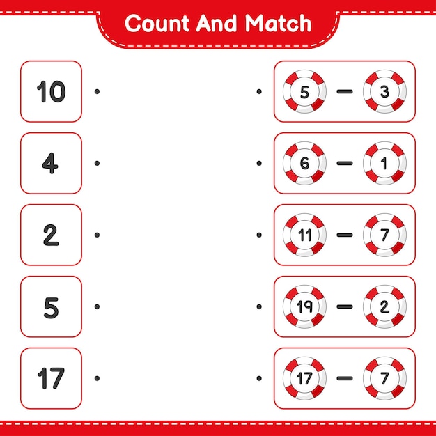 Count and match, count the number of Lifebuoy and match with the right numbers. Educational children game, printable worksheet, vector illustration