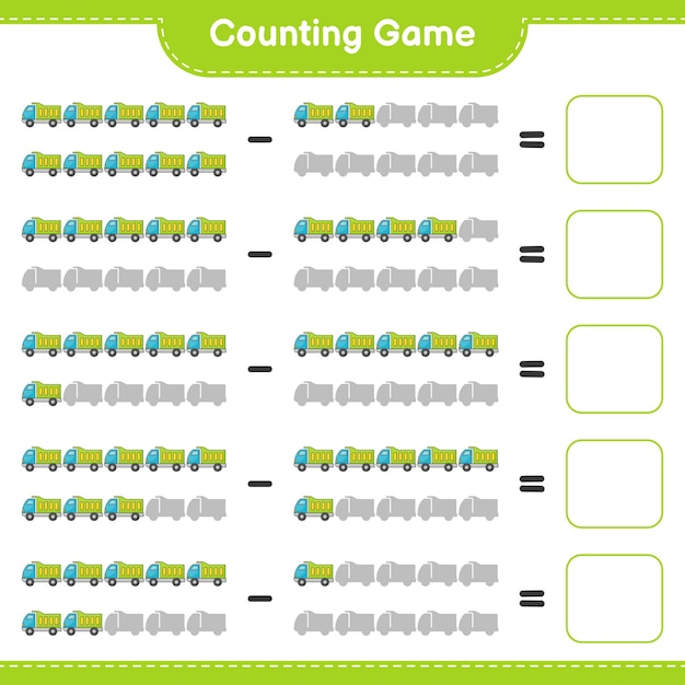 Подсчитайте и сопоставьте, подсчитайте количество грузовиков и сопоставьте правильные числа. Развивающая детская игра, лист для печати, векторные иллюстрации