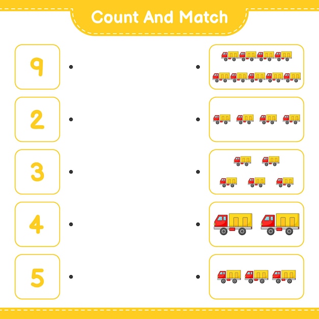 Conta e abbina, conta il numero di camion e abbina con i numeri giusti. gioco educativo per bambini, foglio di lavoro stampabile, illustrazione vettoriale