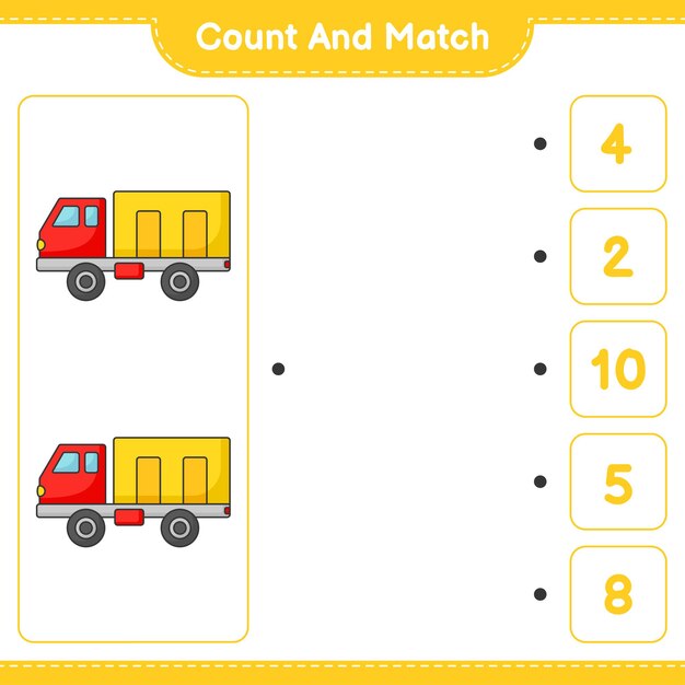 Count and match, count the number of lorry and match with the right numbers. educational children game, printable worksheet, vector illustration