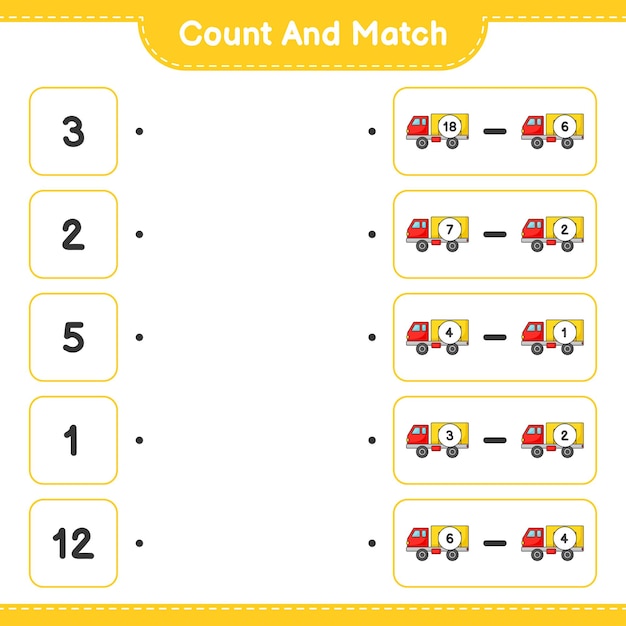 Count and match, count the number of Lorry and match with the right numbers. Educational children game, printable worksheet, vector illustration