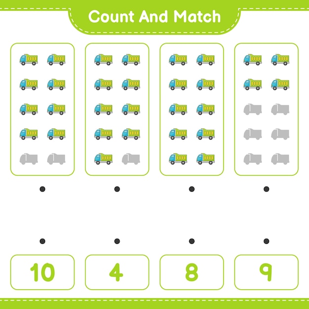 Count and match, count the number of Lorry and match with the right numbers. Educational children game, printable worksheet 