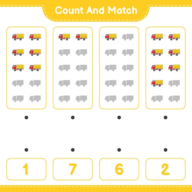 Count and match, count the number of Lorry and match with the right numbers. Educational children game, printable worksheet 