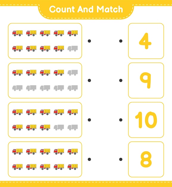 Count and match, count the number of lorry and match with the right numbers.