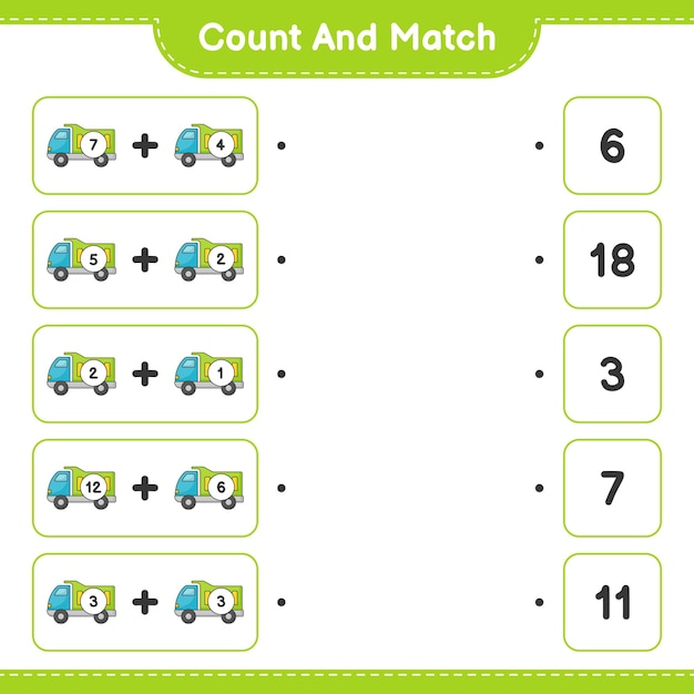 Count and match, count the number of Lorry and match with the right numbers