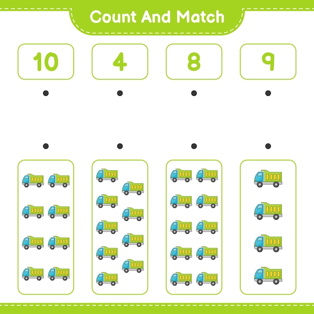 Conta e abbina conta il numero di camion e abbina con i numeri giusti
