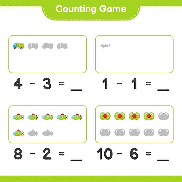 Count and match, count the number of Lorry, Plane, Submarine, Pacifier and match with the right numbers. Educational children game, printable worksheet, vector illustration
