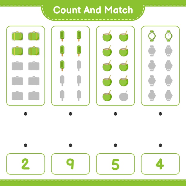 Count and match count the number of Luggage Ice Cream Coconut Watches