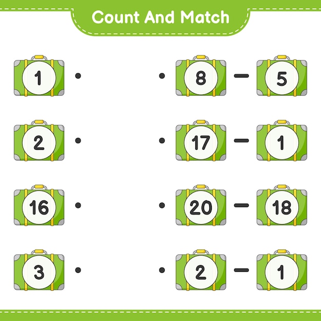 Count and match, count the number of luggage and match with the right numbers. educational children game, printable worksheet, vector illustration