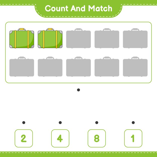 Подсчитайте и сравните, подсчитайте количество багажа и сравните с правильными числами. Развивающая детская игра, лист для печати, векторные иллюстрации