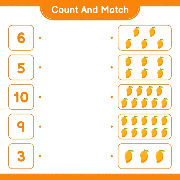 Count and match, count the number of Mango and match with right numbers. Educational children game, printable worksheet 