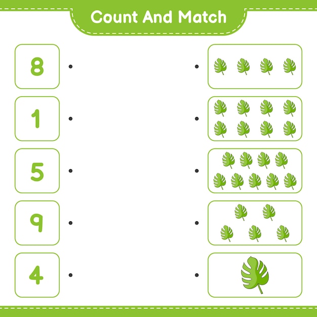 Conta e abbina conta il numero di monstera e abbina con i numeri giusti