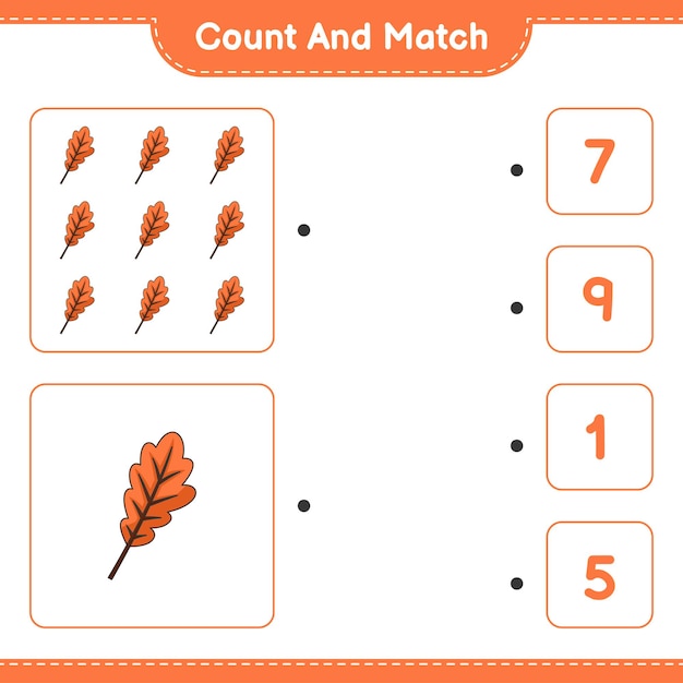 Count and match, count the number of Oak Leaf and match with the right numbers. Educational children game, printable worksheet, vector illustration