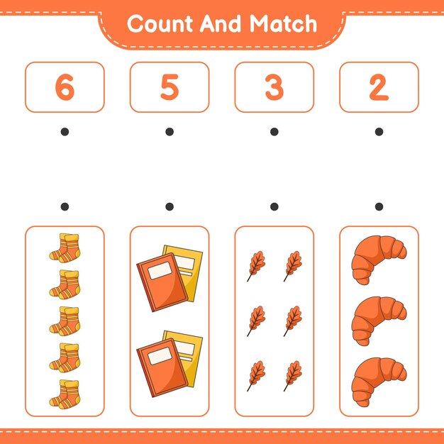 Conta e abbina, conta il numero di oak leaf, socks, book, croissant e abbina con i numeri giusti. gioco educativo per bambini, foglio di lavoro stampabile, illustrazione vettoriale