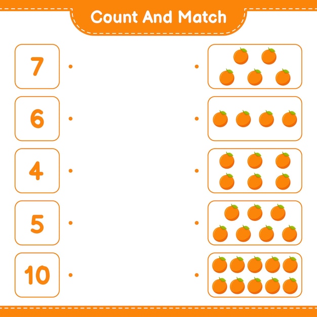 Conta e abbina, conta il numero di arancioni e abbina i numeri giusti. gioco educativo per bambini, foglio di lavoro stampabile