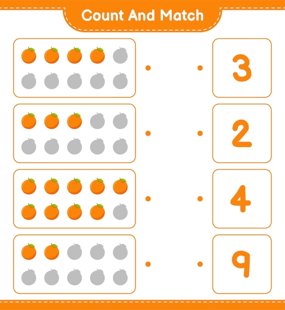 Conta e abbina, conta il numero di arancioni e abbina i numeri giusti. gioco educativo per bambini, foglio di lavoro stampabile.