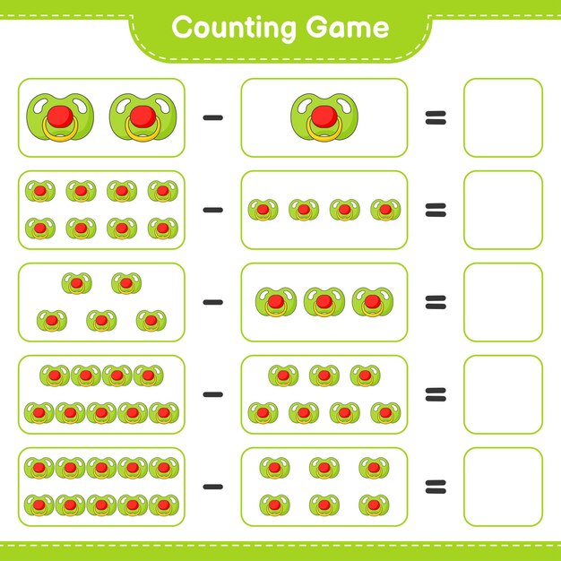 数えて一致させ、おしゃぶりの数を数え、正しい数と一致させます。教育的な子供たちのゲーム、印刷可能なワークシート、ベクトル図