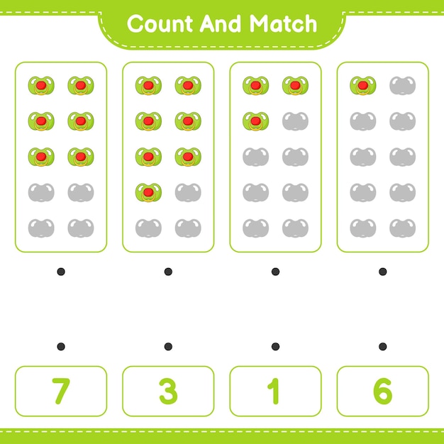 Count and match, count the number of Pacifier and match with the right numbers. Educational children game, printable worksheet 