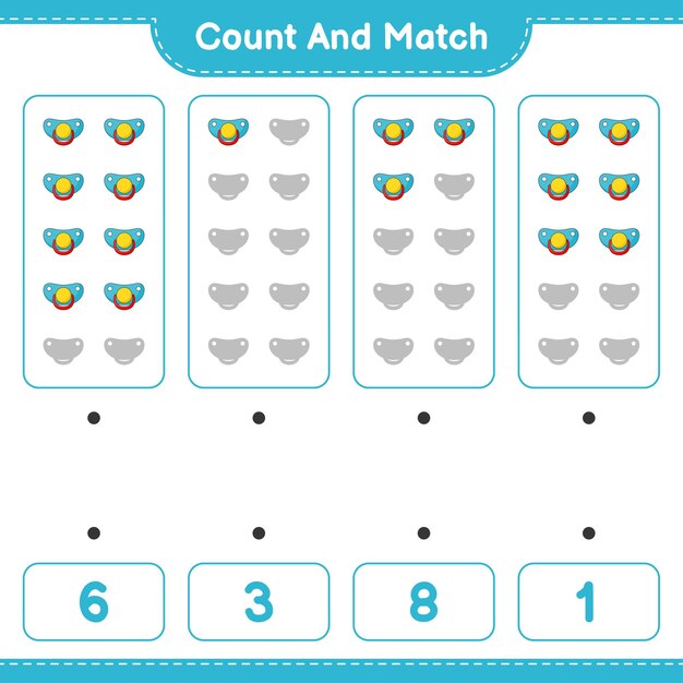 Count and match, count the number of Pacifier and match with the right numbers. Educational children game, printable worksheet 