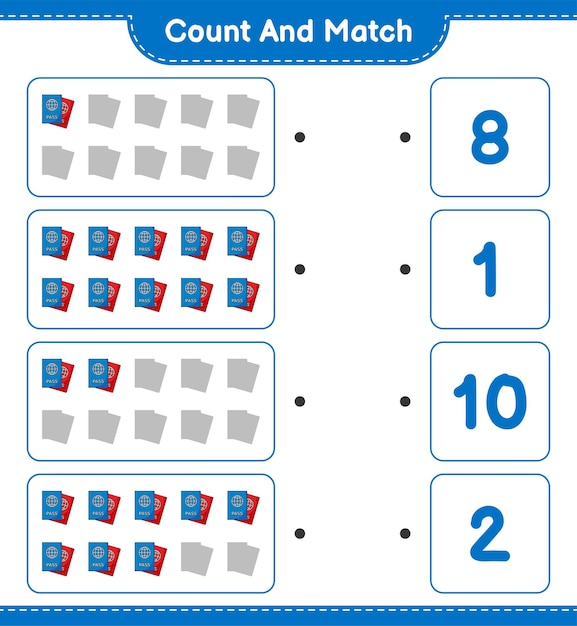 カウントして一致させ、パスポートの数を数え、正しい数と一致させます。教育的な子供たちのゲーム、印刷可能なワークシート、ベクトル図