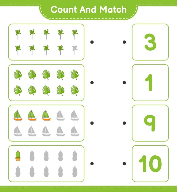 Count and match count the number of Pinwheels Cactus Monstera Sailboat