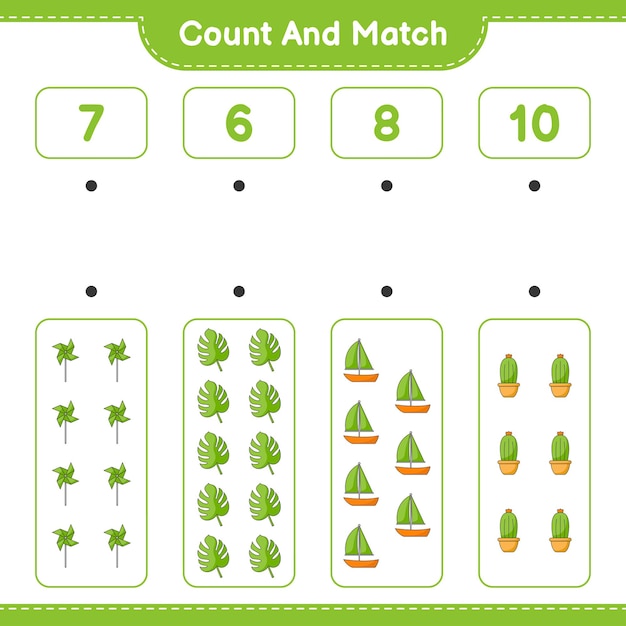 Count and match count the number of Pinwheels Cactus Monstera Sailboat