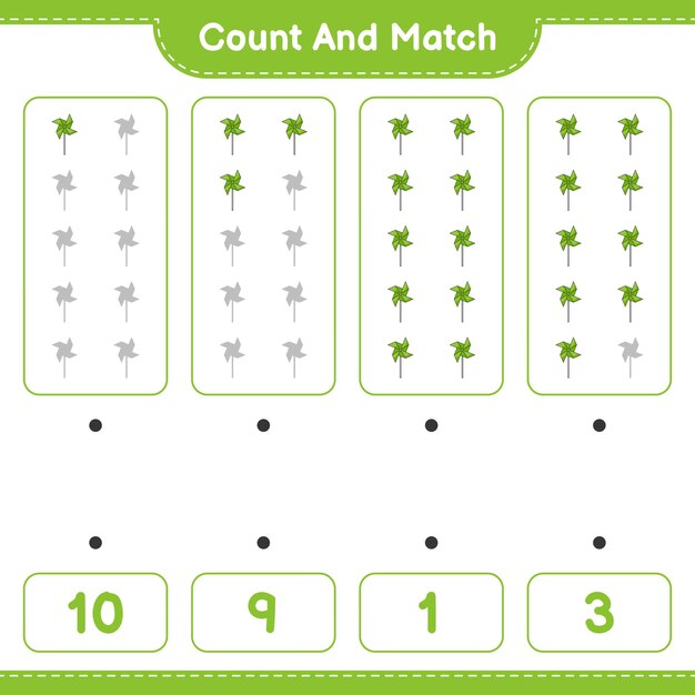 Count and match, count the number of Pinwheels and match with the right numbers. Educational children game, printable worksheet, vector illustration