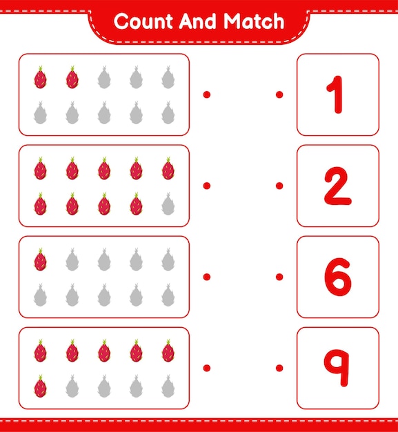 Conta e abbina, conta il numero di pitaya e abbina i numeri giusti. gioco educativo per bambini, foglio di lavoro stampabile.