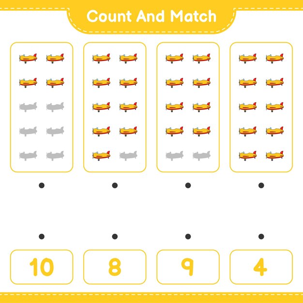 Count and match, count the number of Plane and match with the right numbers. Educational children game, printable worksheet 