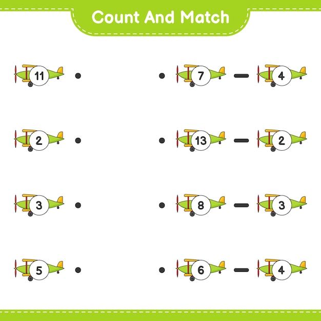 Count and match, count the number of Plane and match with the right numbers. Educational children game, printable worksheet 