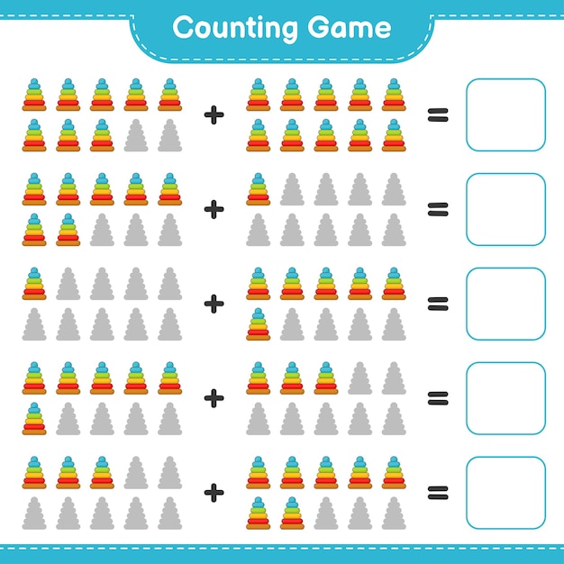 Подсчитайте и сопоставьте, подсчитайте количество игрушек-пирамид и сравните их с правильными числами. Развивающая детская игра, лист для печати, векторные иллюстрации
