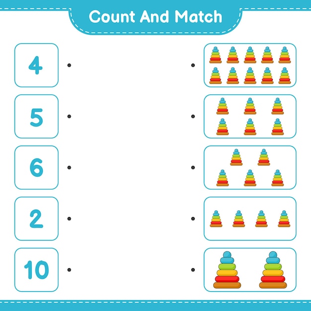 세어 맞추고, 피라미드 장난감의 수를 세고 올바른 숫자와 일치시킵니다. 교육용 어린이 게임, 인쇄용 워크 시트, 벡터 일러스트