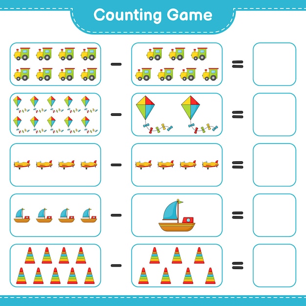 Count and match, count the number of Pyramid Toy, Train, Kite, Plane, Boat and match with the right numbers. Educational children game, printable worksheet, vector illustration