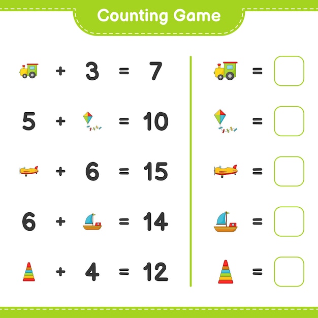 Count and match, count the number of Pyramid Toy, Train, Kite, Plane, Boat and match with the right numbers. Educational children game, printable worksheet, vector illustration