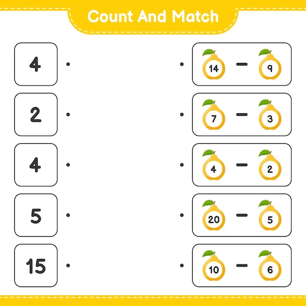 Count and match, count the number of Quince and match with right numbers. Educational children game, printable worksheet 