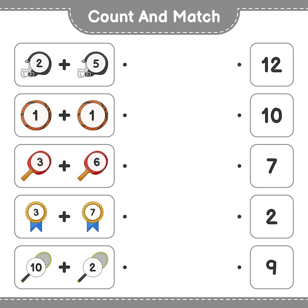 Count and match count the number of Racket Basketball Trophy Helmet and match with the right numbers Educational children game printable worksheet vector illustration