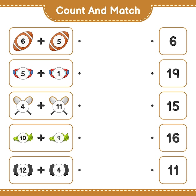 Count and match count the number of Rackets Dumbbell Rugby Ball Goggle Shoes and match with the right numbers Educational children game printable worksheet vector illustration