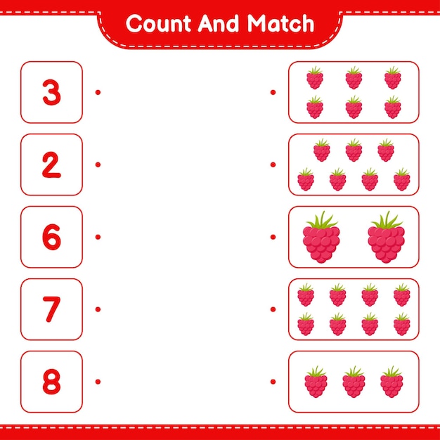 count and match, count the number of raspberries and match with right numbers. educational children game, printable worksheet 