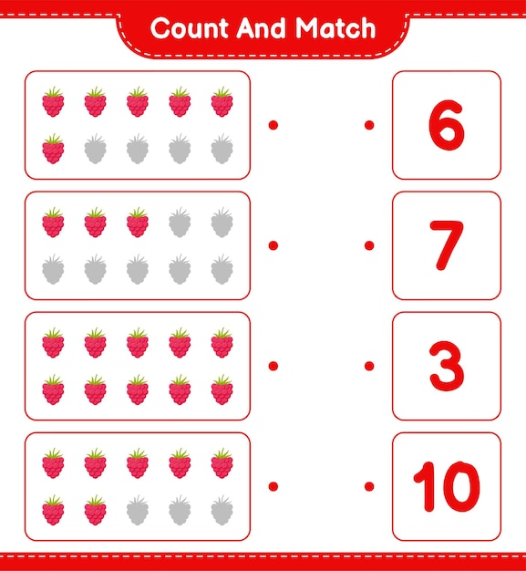 Count and match, count the number of Raspberries and match with right numbers. Educational children game, printable worksheet.