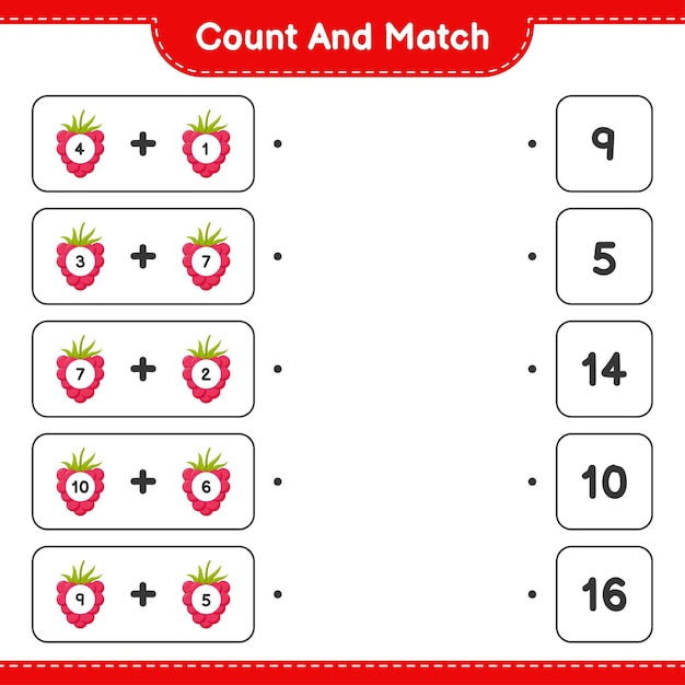 Count and match, count the number of Raspberries and match with right numbers. Educational children game, printable worksheet.