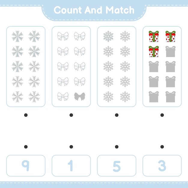 Count and match count the number of Ribbon Snowflake Gift Box and match with the right numbers Educational children game printable worksheet vector illustration