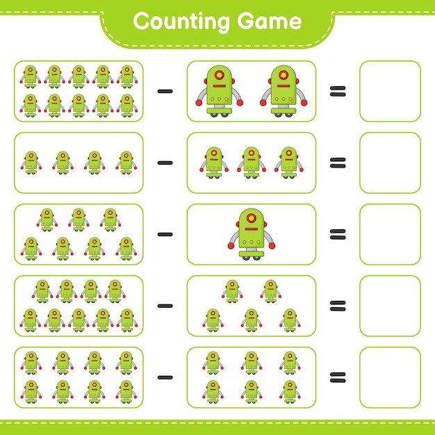 カウントして一致させ、ロボットキャラクターの数を数え、正しい数と一致させます。教育的な子供たちのゲーム、印刷可能なワークシート、ベクトル図