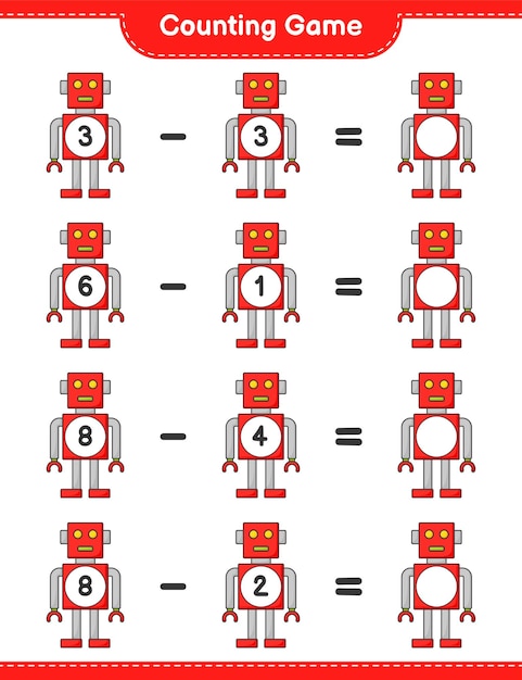 カウントして一致させ、ロボットキャラクターの数を数え、正しい数と一致させます。教育的な子供たちのゲーム、印刷可能なワークシート、ベクトル図