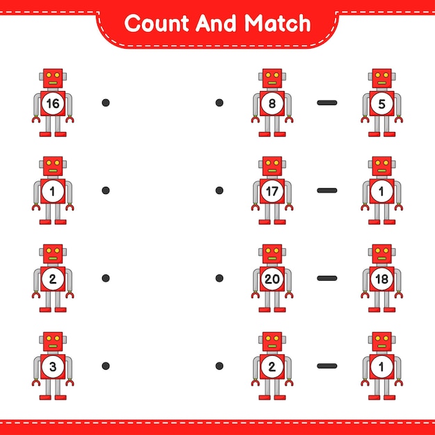 Count and match, count the number of robot character and match with the right numbers. educational children game, printable worksheet