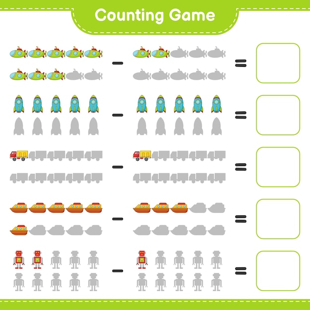 Count and match, count the number of Robot Character, Submarine, Rocket, Lorry, Boat and match with the right numbers. Educational children game, printable worksheet, vector illustration