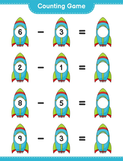 数えて一致させ、ロケットの数を数え、正しい数と一致させます。教育的な子供たちのゲーム、印刷可能なワークシート、ベクトル図