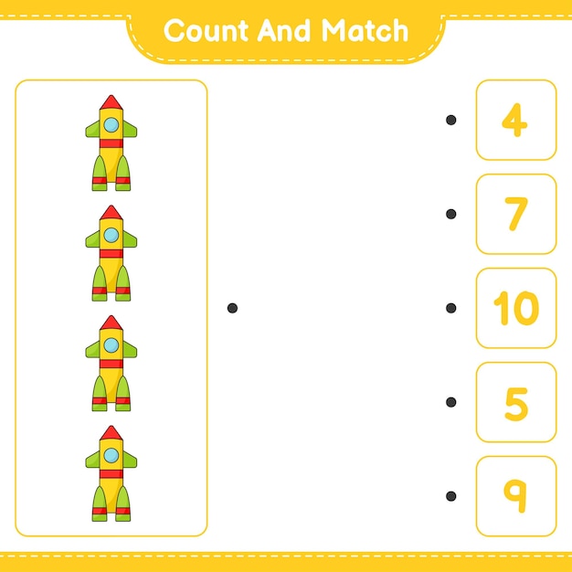 Count and match, count the number of Rocket and match with the right numbers. Educational children game, printable worksheet, vector illustration