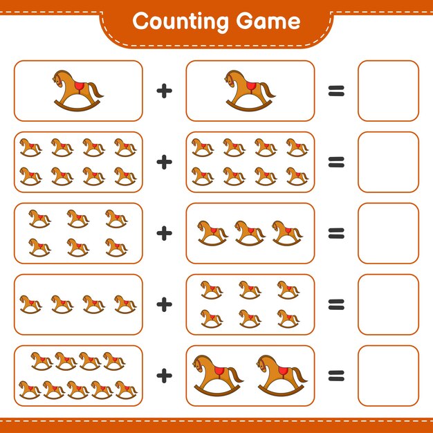 카운트 및 일치, 흔들 목마의 수를 세고 올바른 숫자와 일치시킵니다. 교육 어린이 게임, 인쇄용 워크시트, 벡터 일러스트 레이 션