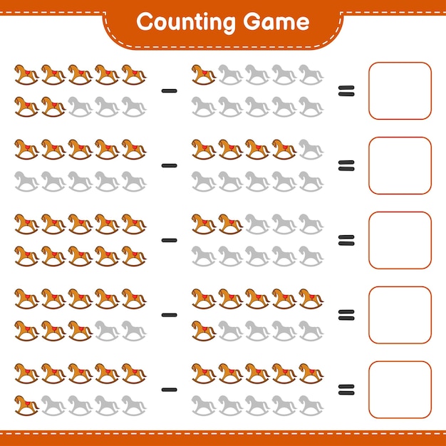 数えて一致させ、ロッキングホースの数を数え、正しい数と一致させます。教育的な子供たちのゲーム、印刷可能なワークシート、ベクトルイラスト