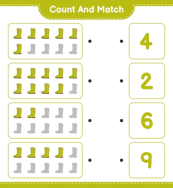 고무 장화의 수를 세고 일치시키고 올바른 숫자와 일치시킵니다.